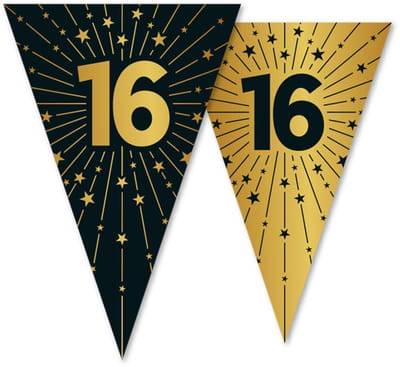 Vlaggenlijn 16 jaar zwart / goud 10 meter 2 zijdig bedrukt - Verjaardag Feestje Vlag Vlaggen Versiering Slinger Feestdecoratie Decoratie