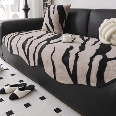 Pluche Bankkussen en Deken voor Winterwarmte Verdikt Antislip Bankhanddoek Laken Zwart Wit Patroon Bankhoes 90x90cm 1pcs