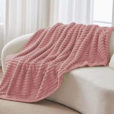 STAR&STER Knuffelige, Plaid zachte deken klein - zachte flanellen deken Pink 125 x 150 cm voor de bank, decoratieve strepen koord fleece deken als banksprei voor de woonkamer, sprei voor breed gebruik