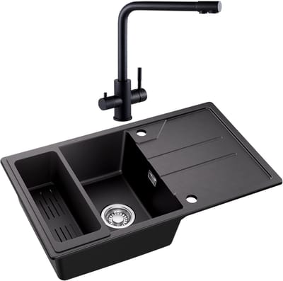 CECIPA max Granieten Spoelbak 78*45cm Zwart - Spoelbakken Keuken Met 3 Wege Keukenkraan - Spoelbak Met Planchet en Afvoermand - Spoelbakken Incl. Sifon en Afvoerzeefje
