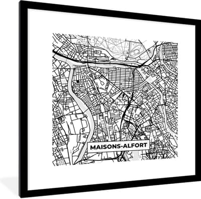 Fotolijst incl. Poster Zwart Wit- Stadskaart - Frankrijk - Maisons-Alfort - Kaart - Plattegrond - Zwart wit - 40x40 cm - Posterlijst