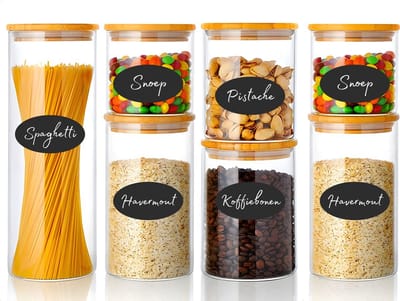 Five Stars® Voorraadpotten - 7 Delige Set - Glazen Potjes Met Deksel - BPA-vrij - Met Pen & 16 Herschrijfbare Stickers - Snoeppot