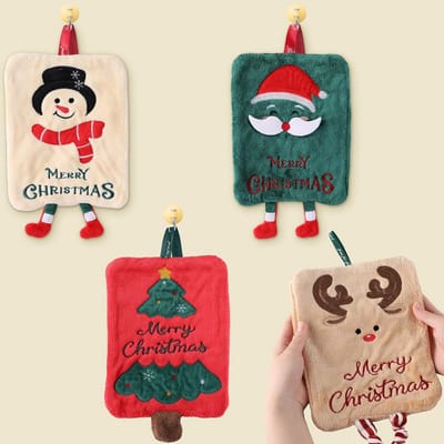 Daity 4 Pack Soft Christmas Hand Towels - Cartoon Santa Dish Towels with Hanging Loops - Coral Fleece Snowman Dish Towels - Decorative Christmas Kitchen Bathroom Hanging Towels for Drying Cleaning Cooking