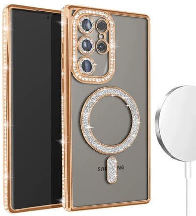 Hoesje met Diamantjes en Glitter Geschikt voor: Samsung Galaxy S24 Ultra - MagSafe Glitter Hoesje - Goud met Diamanten steentjes - Glamour Hoesje