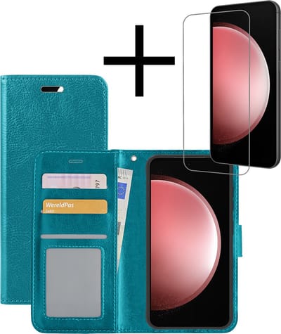 Hoesje - Met Screenprotector - Geschikt voor Samsung Galaxy S23 FE - Luxe Pasjeshouder - Bookcase Portemonee - Flip Case - Kunstleer Book Case - Flipcase - Book Cover - Walletcase - Portemonneehoes - Turquoise