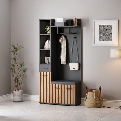 Clruro Garderobekast - 80 × 35 × 175 cm - met Zitbank - met Laden - met Haken - Spaanplaat - Zwart en Naturel