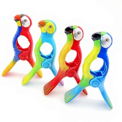 BRENZOOS- Strandhanddoek Clips - 4x Papegaaienstijl - Grote Haringen - Voor Ligbedden/Ligstoelen - Max. 6,3 cm Opening - Stevig Kunststof - Handdoekclips