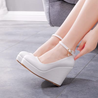 Schoenen met dikke zool en sleehak, enkellaarzen met één bandje, wit, ronde neus, waterdicht platform sleehak, damesschoenen, sleehak, trouwschoenen 37 white