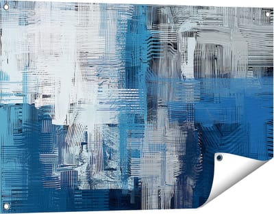 Gards Tuinposter Abstracte Kunst - Blauw Witte Penseelstreken - 90x60 cm - Tuindoek - Tuindecoratie - Wanddecoratie buiten - Tuinschilderij