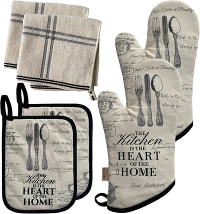 SnelShoppen - 6-delige keukenset, retro ovenwanten en pannenlappen, hittebestendige bakhandschoenen, 2 theedoeken, vintage stijl voor koken en bakken