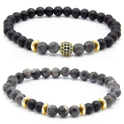 Victorious Set Natuurstenen Kralen Armbanden – Heren Armband – Dames Armband – Gouden Bol – Zwart/Grijs/Goud – 18cm