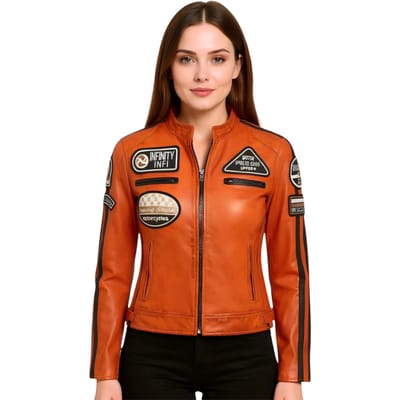 Dames oranje leren bikerjack met racebadges - Dalby