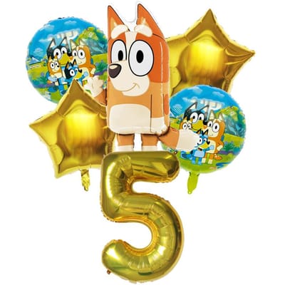 6 pièces Famille Bluey Ballon en Aluminium Dessin Animé Bingo Jouet d'Activité Ballon Étoile Bleu Doré Décor Collection Anniversaire Articles de Baby Shower As Picture