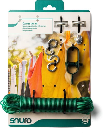 SNURO waslijn kit (20M) - Waslijndraad om zelf te installeren, complete kit - DIY Wasdraad met stalen kern voor binnen en buiten