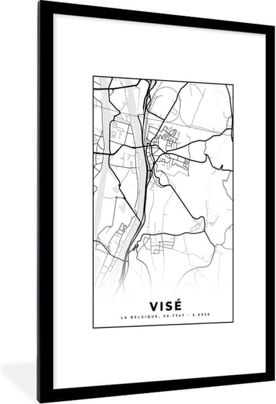 Fotolijst incl. Poster Zwart Wit- België – Visé – Stadskaart – Kaart – Zwart Wit – Plattegrond - 80x120 cm - Posterlijst