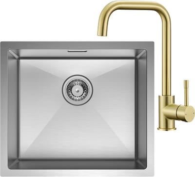 CECIPA Max Spoelbak Keuken 50x44CM - Gootsteen RVS - Spoelbakken Keuken Met Keukenkraan Goud - Wasbak Keuken - Enkele Spoelbak - Spoelbakken met afdruip - RVS