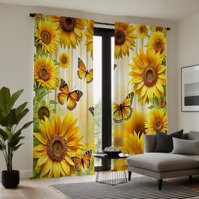 2 PCS rideau numérique HD imprimé jaune attache tournesol fleurs Papillon Style décoration maison Décorer salon chambre Wea W52H63inchW132H160cm beige