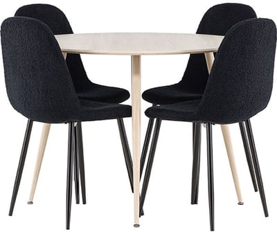 Plaza eethoek tafel Ø100cm en 4 teddy stoelen whitewash.