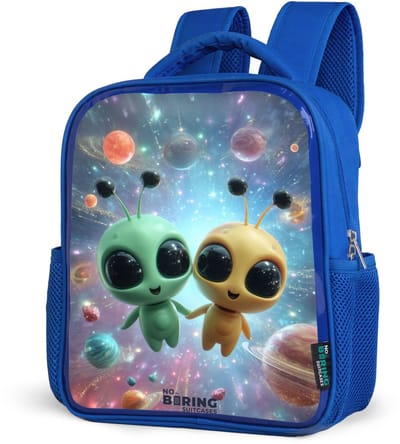 NoBoringSuitcases.com® - Rugzak blauw - Schooltas jongens - Vrolijke buitenaardse vrienden - Kinder rugtas jongen - Boekentas kind - Kinderrugzak voor school - Schoolrugzak