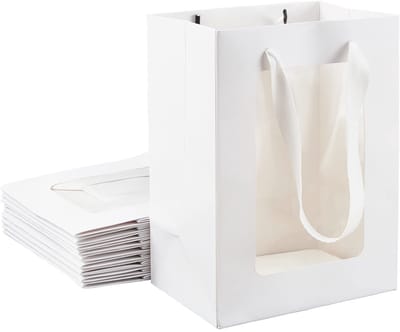 Dailygoods- Cadeauzakjes 10 Stuks - Witte Zakjes Kraftpapier - 20 x 15 x 10 cm - Transparant Venster - Geschenkverpakking - Voor Kerstmis/Halloween - Verpakking