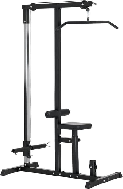 Multifunctioneel krachttoren - Fitnessstation voor thuis - Krachttrainingsapparaat met katrol - Verstelbaar fitnessapparaat - met zitje, stalen frame, katrolsysteem - Staal - 107×120×190 cm - Geschikt voor thuiskrachttraining - Zwart