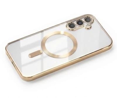 Transparant goudkleurig telefoon hoesje met metallic randen – geschikt voor Samsung A17 MagSafe – luxe backcover met MagSafe ring en camera bescherming
