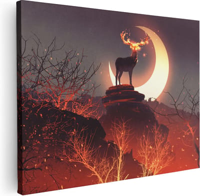 Artaza Canvas Schilderij Hertenkop Met Gewei - 40x30 cm - Klein - Muurdecoratie Vuur - Wanddecoratie Maan - Schilderijen Op Canvas