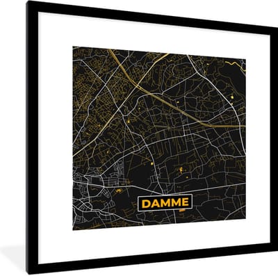 Fotolijst incl. Poster - Black & gold - Stadskaart - Plattegrond - Damme - Kaart - 40x40 cm - Posterlijst