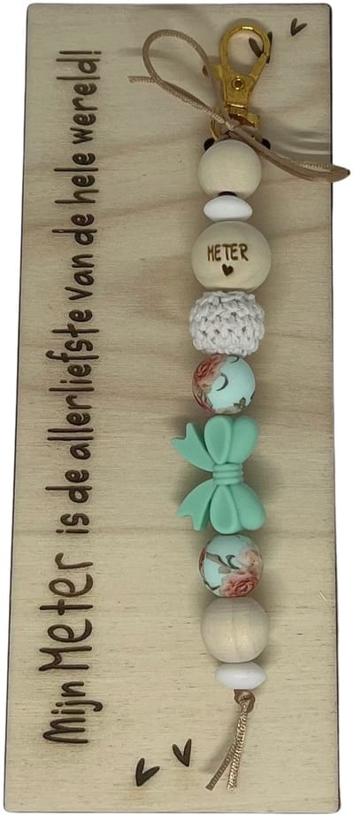 Sleutelhanger en houten kaartje liefste Meter | GROEN | STRIK | jij bent de liefste | liefste meter | coolste peter | cadeau