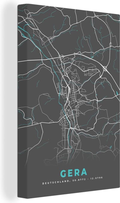 Canvas Schilderij Stadskaart – Plattegrond – Duitsland – Blauw – Gera – Kaart - 20x30 cm - Wanddecoratie