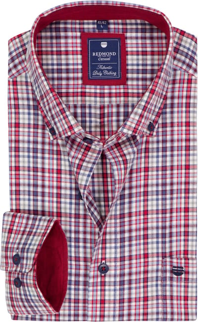 Redmond comfort fit overhemd - twill - blauw - wit - rood en grijs geruit - Strijkvriendelijk - Boordmaat: 47 - 48