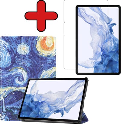 Hoesje - Geschikt voor Samsung Galaxy Tab S8 - Met Screenprotector - Hardcover Book Case - Trifold Bookcase Hoes - Hard Cover - Tablethoes - Sterrenhemel