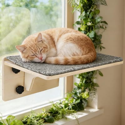 Famanu –Klimwand voor katten, 40 x 26 x 18 cm, kattenligstoel, raam, vensterplaatsen met wasbare afneembare vilten onderlegger en grote zuignappen, houten vensterligstoel, kattenraamhangmat, 2-in-1 voor muur