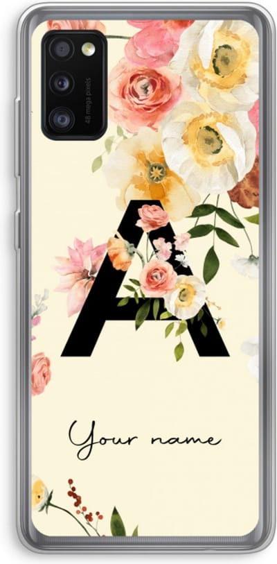 Gepersonaliseerd - Case Company® - Hoesje geschikt voor Samsung Galaxy A41 hoesje - Flirty Flowers Monogram - Soft Cover Telefoonhoesje - Bescherming aan alle Kanten en Schermrand