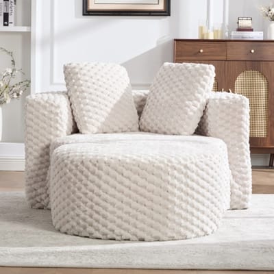 MODFU Fauteuil Met Hocker - 360° Vatvorm - Modern - Woonkamer Of Slaapkamer - Pluche Imitatiebont - Beige - 129 x 116 x 65 cm