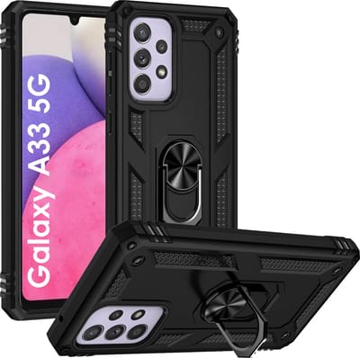 Hoesje voor Samsung Galaxy A33 5G - Swart backcover Shockproof Robuuste schokbestendige beschermingsring 360 draaibare ring