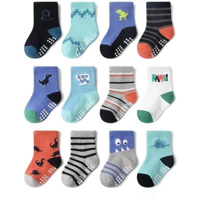 Jongens Meisjes 12 Paren Katoenen Antislip Sokken Pasgeboren Baby 1-3 jaar Antislip Zolen Vloer Unisex Sok voor Baby's Peuters Grip Kinderen S(6 to12M) gray