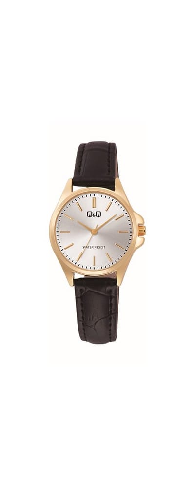 Q&Q C37A-010PY - Horloge - Analoog - Dames - Vrouwen - Leren band - Rond - Metaal - Streepjes - Zwart - Goudkleurig - Zilverkleurig