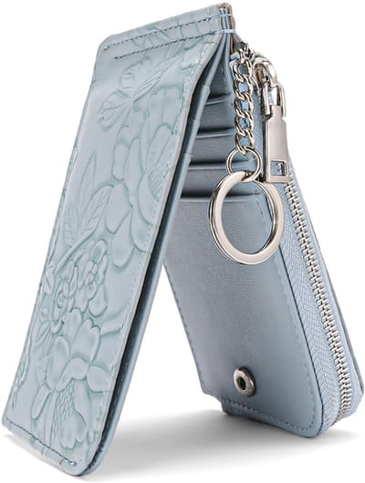 KZQ Dunne Bifold Creditcardhouder Voor Dames Van Pu Leer - Rfid Blokkerend Met Rits Voor Munten En Id Venster - Bloemenprint In Blauw