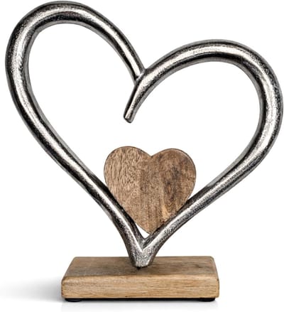 Decoratieve Hart Standaard - Metalen Figuur - Woonaccessoire Cadeau - Antislip Mangohout - 22 cm Hoog - Zilver Bruin
