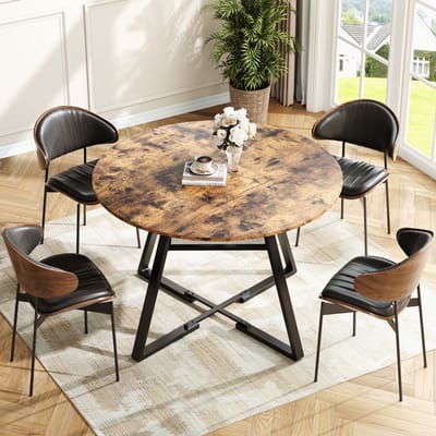Ronde eettafel voor 4 personen, 120 x 120 x 75 cm, tafel in industriële stijl, houten keukentafel, grote eettafel met plank voor thuis, eetkamer, woonkamer, bruin bureaublad + zwart frame
