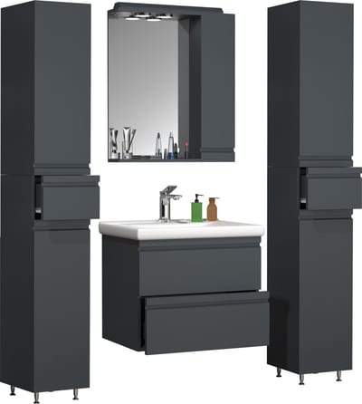 5-delig badmeubel Wastafel 60 cm Badkamermeubelset Wastafel Greeploze lade Spiegelkast Hoge kast Silora L