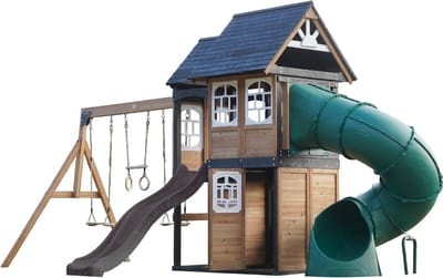 AXI Noud Speeltoestel met Speelhuis, Schommels, Trapeze, Klimwand – Met Bank – Grijze Glijbaan – Met Buisglijbaan - FSC 100% hout – Speeltoestel voor de tuin / buiten