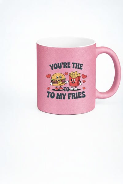 Roze Glitter Liefdesmok 'You're the to my Fries' | Burger & Frietjes Design Mok | Romantisch Cadeau Koffiemok