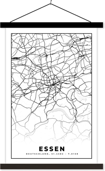 Posterhanger incl. Poster 40x60 cm - Schoolplaat - Plattegrond - Kaart - Essen - Stadskaart - Textielposter - Zwarte latten - Stadskaart
