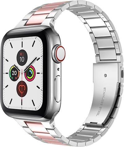 By Qubix - Geschikt voor Apple Watch bandje - Stalen schakelband - Zilver met rosé - Geschikt voor Apple Watch 38mm / 40mm / 41mm / 42mm - stalen bandje