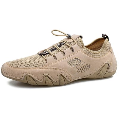 Nieuwe Herfst Herenschoenen Varkensleer Mesh Schoenen Ademende Sport Heren Casual Schoenen Leren Schoenen Leer Alles-Match Mode Schoenen 48 beige
