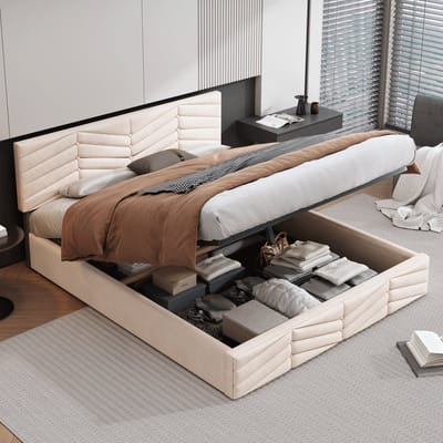 Wishdor Gestoffeerd Bed 140x200 cm – Geknoopt Hoofdbord – Verstelbaar – Beige Fluweel – Klassiek & Comfortabel