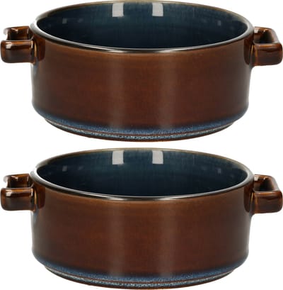 Cosy & Trendy Kommetjes/soepkommen voor dessert/ontbijt - 2x - Porselein - D13 x 5.5 cm - blauw/bruin - met oortjes - stapelbaar