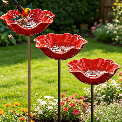 Vogelbad staand, 3 stuks waterbad voor vogels, vogelbad, tuin, handgemaakt, bloemenvorm, vogelbad, insectenbak, tuin, bijendrinkbak, metaal, voor wilde vogels, vorstbestendig, tuin, achtertuin